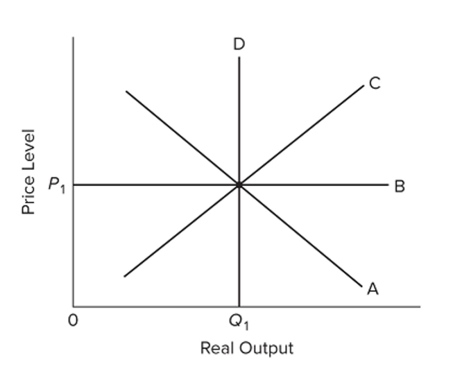 <strong> Refer to the diagram. Assume both upward and downward price and wage flexibility in the economy. In the extended AD-AS model,</strong> A) demand-pull inflation would involve a rightward shift of curve A, followed by a rightward shift of curve C. B) cost-push inflation would involve a leftward shift of curve C, followed by an upward shift of curve B. C) recession would involve a leftward shift of curve A. D) a rightward shift of curve D would be equivalent to an outward shift of the nation's production possibilities curve.