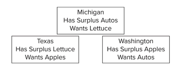 <strong> On the basis of the information, it can be said that</strong> A) no coincidence of wants exists between any two states. B) a coincidence of wants exists between Michigan and Washington. C) a coincidence of wants exists between Texas and Washington. D) a coincidence of wants exists between Michigan and Texas.