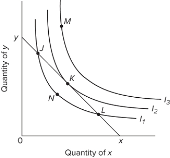   Refer to the diagram, where xy is the relevant budget line and I₁, I₂, and I₃ are indifference curves. At point K,