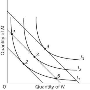 Refer to the diagram, in which the downsloping lines are budget lines and I₁, I₂, and I₃ comprise an indifference map. The combinations of products M and N indicated by points 1, 2, and 5 are such that