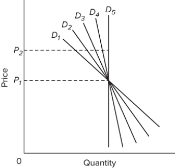   Refer to the graph above. Which demand curve is relatively most elastic between P₁ and P₂?
