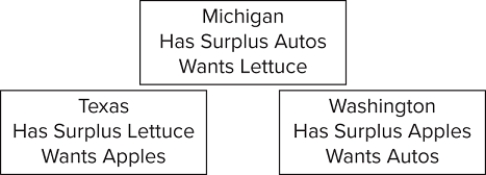 <strong> On the basis of the information, it can be said that</strong> A)no coincidence of wants exists between any two states. B)a coincidence of wants exists between Michigan and Washington. C)a coincidence of wants exists between Texas and Washington. D)a coincidence of wants exists between Michigan and Texas.
