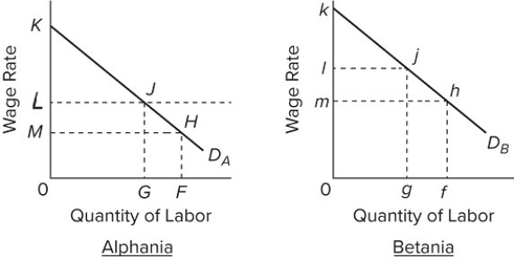 <strong> Assumptions: (1)The demand for labor in Alphania and Betania are as shown by Dₐ and Dᵦ , respectively; (2)Alphania's native labor force is F and that of Betania is g; (3)wage L in Alphania is equal to wage m in Betania; and (4)full employment exists in both countries. If migration is costless and unimpeded, the absolute wage bill will necessarily</strong> A)increase in Alphania if its labor demand curve is elastic. B)increase in Betania if its labor demand curve is elastic. C)decrease in Betania. D)increase in Betania.