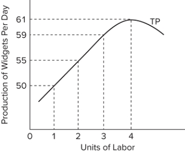 Refer to the total product curve shown in the graph, and assume a competitive labor market. If the firm can sell widgets for $12, then what is the maximum amount it will pay the fourth worker each day?