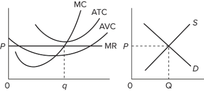 Refer to the diagrams, which pertain to a purely competitive firm producing output q and the industry in which it operates. Which of the following is correct?