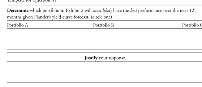 The following information relates to Questions Katsuko Zhao and Johan Flander are portfolio managers with cowiler investments, a uS- based company. They are assessing the effect of their yield curve forecasts on their bond port- folios. The yield curve is currently upward sloping. Zhao's portfolio is currently invested in uS treasury securities. Zhao forecasts an instanta- neous parallel downward shift in the yield curve. Zhao considers two alternatives to reposition her current portfolio given her yield curve forecast and assesses the trade-off between convexity and yield. exhibit 1 presents allocations for the current and two alternative portfolios. The durations of the current and alternative portfolios are closely matched. Determine which portfolio in exhibit 2 will most likely have the best performance over the next 12 months given Flander's yield curve forecast. Justify your response. Flander evaluates a new bullet portfolio and a new barbell portfolio, each with a 12-month time horizon, using zero-coupon notes issued by the australian government. Flander pro- jects that over the next 12 months, the australian zero-coupon yield curve will experience a downward parallel shift of 60 bps. The australian dollar is projected to remain stable relative to the uS dollar. exhibit 3 presents the data for the two portfolios.