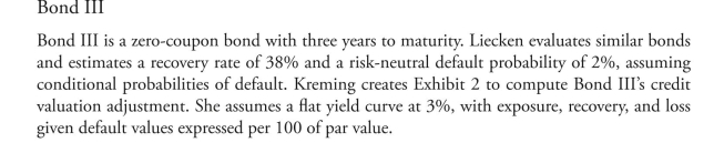 <strong>The following information relates to Questions lena liecken is a senior bond analyst at taurus investment Management. Kristel Kreming, a junior analyst, works for liecken in helping conduct fixed-income research for the firm's portfolio managers. liecken and Kreming meet to discuss several bond positions held in the firm's portfolios. bonds i and ii both have a maturity of one year, an annual coupon rate of 5%, and a mar- ket price equal to par value. The risk-free rate is 3%. historical default experiences of bonds comparable to bonds i and ii are presented in exhibit 1. based on exhibit 3, if bond iV's credit rating changes during the next year to an a rating, its expected price change would be closest to:</strong> A) −8.00%. B) −7.35%. C) −3.15%.