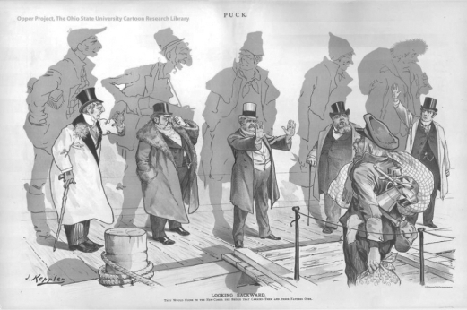 <strong>Looking Backward (1893) How did the obstacles faced by immigrants like the one in this cartoon differ from those of immigrants in earlier eras?</strong> A) Gilded Age immigrants more often lacked the skills and proficiency in English needed to assimilate. B) American citizens organized politically against the Gilded Age immigrants, whereas earlier immigrant groups were more successful in gaining political influence. C) Anti-immigration groups during the Gilded Age brought more violence to American cities than did earlier waves of immigrants. D) Americans more eagerly assimilated earlier waves of immigrants and ostracized Gilded Age immigrants.