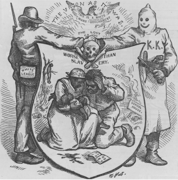 <strong>Ku Klux Klan Cartoon (1874) Thomas Nast   Many of the conditions implied in the cartoon were resolved during the</strong> A) mass migration of blacks out of the South during the world wars. B) Harlem Renaissance. C) civil rights movement of the 1950s and 1960s. D) industrialization of the South in the post-World War II era. <div style=padding-top: 35px> 
