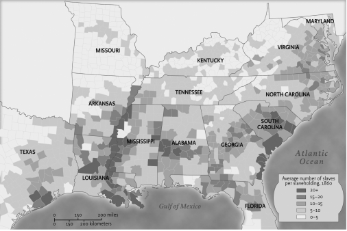 <strong>Map: Size of Slaveholdings, 1860 Which of the following was the most significant cause of the trend depicted in the map?</strong> A) Antislavery advocates in the east were pushing slavery westward. B) the lack of political attempts to limit the expansion of slavery C) The growth in the slave population led to its westward expansion. D) Overcultivation depleted arable land in the Southeast.