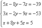 <strong>Use matrices to solve the system of equations (if possible). Use Gaussian elimination with back-substitution or Gauss-Jordan elimination. </strong> A) x = -4, y = -2, z = 5 B) x = -2, y = 4, z = -5 C) no solution D) x = -4, y = 2, z = 5 E) x = 4, y = 2, z = 5