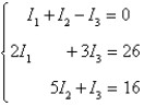 <strong>The currents in an electrical network are given by the solutions of the system where I<sub>1</sub>, I<sub>2</sub>, and I<sub>3</sub> are measured in amperes. Solve the system of equations using matrices.</strong> A) I<sub>1</sub> = 3, I<sub>2</sub> = 3, I<sub>3</sub> = 6 B) I<sub>1</sub> = 4, I<sub>2</sub> = 2, I<sub>3</sub> = 6 C) I<sub>1</sub> = 4, I<sub>2</sub> = 6, I<sub>3</sub> = 2 D) I<sub>1</sub> = 3, I<sub>2</sub> = 3, I<sub>3</sub> = 7 E) no solution