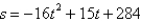 <strong>An object moving vertically is at the given heights at the specified times. Find the position equation for the object. At t = 1 second, s = 284 feet At t = 2 seconds, s = 221 feet At t = 3 seconds, s = 126 feet</strong> A) B) C) D) E)