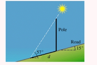 <strong>A straight road makes an angle of with the horizontal. When the angle of elevation of the sun is , a vertical pole at the side of the road casts a shadow feet long directly down the road, as shown in the figure. Approximate the length of the pole.</strong> A)101.34 ft B)99.84 ft C)100.74 ft D)100.44 ft E)66.74 ft