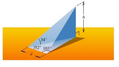 <strong>The volume V of the right triangular prism shown in the figure is where B is the area of the base and h is the height of the prism. Approximate h, if .</strong> A)15.6 B)15.2 C)4.3 D)16.0 E)14.0