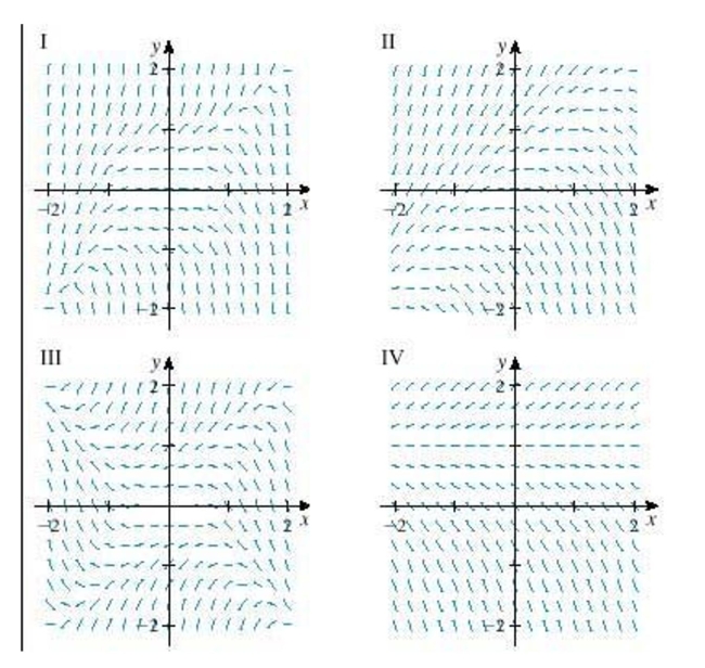 Select a direction field for the differential equation from a set of direction fields labeled I-IV.