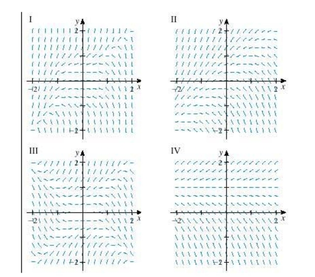Select a direction field for the differential equation from a set of direction fields labeled I-IV.
