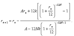 The size of the monthly repayment that amortizes a loan of A dollars in N years at an interest rate of r per year, compounded monthly, on the unpaid balance is given by The value of r can be found by performing the iteration A family secured a loan of $360,000 from a bank to finance the purchase of a house.They have agreed to repay the loan in equal monthly installments of $2342 over 25 years.Find the interest rate on this loan.Round the rate to one decimal place.
