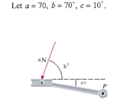 A bicycle pedal is pushed by a foot with a force of a-N as shown.The shaft of the pedal is long.Find the magnitude of the torque about P correct to two decimal places.