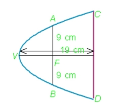<strong>Select the correct Answer: for each question. A cross-section of a parabolic reflector is shown in the figure.The bulb is located at the focus and the opening at the focus is 18 cm.Find an equation of the parabola.Let be the origin.Find the diameter of the opening cm from the vertex. </strong> A) B) C)The equation is D) E)The equation is F)The equation is