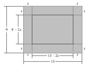 By cutting away identical squares from each corner of a rectangular piece of cardboard and folding up the resulting flaps, an open box can be made.If the cardboard is 13 in.long and 9 in.wide and the square cutaways have dimensions of in.by in., find a function that gives the volume of the resulting box.