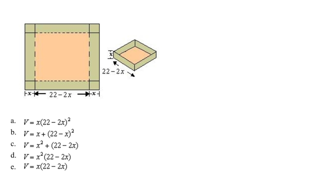   centimeters on a side by cutting equal squares from the corners and turning up the sides (see figure). Write the volume    <div style=padding-top: 35px> 