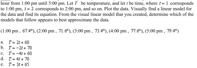following ordered pairs represent temperatures in degrees Fahrenheit taken each  <div style=padding-top: 35px> 