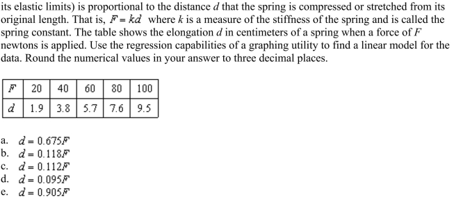 Hooke's Law states that the force F required to compress or stretch a spring (within  <div style=padding-top: 35px> 