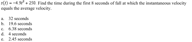 height of an object t seconds after it is dropped from a height of 250 meters is