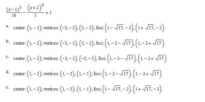 the center, foci, and vertices of the hyperbola.
