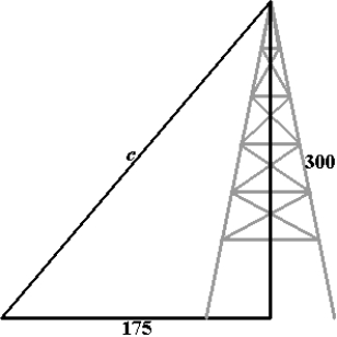 <strong>A guy wire is stretched from a broadcasting tower at a point 300 feet above the ground to an anchor 175 feet from the base (see figure). How long is the wire? </strong> A)347.31 feet B)173.66 feet C)243.67 feet D)121.83 feet E)237.50 feet
