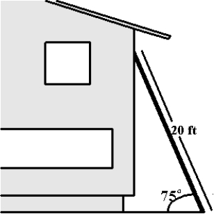 <strong>A 20-foot ladder leaning against the side of a house makes a 75 angle with the ground (see figure). How far up the side of the house does the ladder reach? Round your answer to four decimal places. </strong> A)19.3185 feet B)20.7055 feet C)5.1764 feet D)5.3590 feet E)77.2741 feet