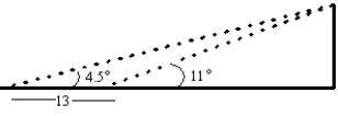<strong>In traveling across flat land, you notice a mountain directly in front of you. Its angle of elevation (to the peak) is 4.5 . After you drive 13 miles closer to the mountain, the angle of elevation is 11 . Approximate the height of the mountain. Round your answer to two decimal places. </strong> A)45.50 miles B)8.84 miles C)1.94 miles D)1.72 miles E)17.69 miles