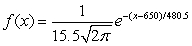 <strong>A survey of high school seniors from a certain school district who took the SAT has determined that the mean score on the mathematics portion was 650 with a standard deviation of 15.5. Assuming the data can be modeled by a normal probability density function, find a model for these data.</strong> A) B) C) D) E)