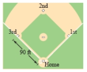 <strong>A baseball diamond has the shape of a square with sides 90 feet long (see figure). A player running from second base to third base at a speed of 26 feet per second is 80 feet from third base. At what rate is the player's distance s from home plate changing? Round your answer to one decimal place. </strong> A)-50.4 feet/second B)-0.2 feet/second C)-0.7 feet/second D)-17.3 feet/second E)-1.9 feet/second