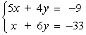 <strong>Use matrices to solve the system of equations (if possible). Use Gaussian elimination with back-substitution or Gauss-Jordan elimination. </strong> A)x = -3, y = 6 B)x = 3, y = -6 C)x = -6, y = 3 D)x = -6, y = -3 E)no solution