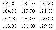 <strong>A convention planning service has identified three suitable hotels for a convention. The quoted room rates are for single, double, triple, and quadruple occupancy. The current cost for each type of room at each hotel is represented by the matrix where the columns correspond to each hotel and the rows correspond to single, double, triple, and quadruple occupancy respectively. If room rates are guaranteed not to increase by more than 10% by the time of the convention, what is the maximum rate per room per hotel?</strong> A) B) C) D) E)