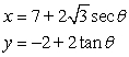 <strong>Which set of parametric equations represents the following line or conic? Use and . Hyperbola: vertices foci </strong> A) B) C) D) E)