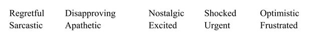 Read each sentence and choose the most appropriate tone word from the word bank. Boy, this is just how I wanted to spend my Saturday - cutting the grass again. Tone:_______________