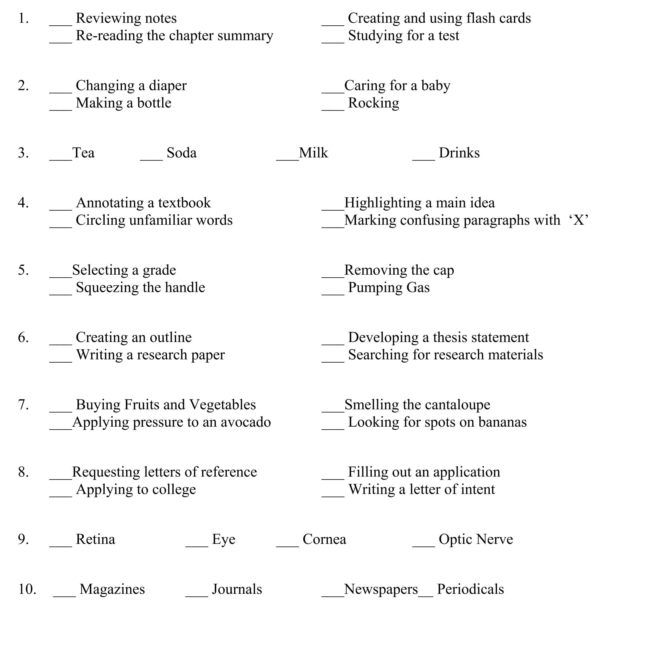 Put an X in the space for the topic, or most general idea. - 