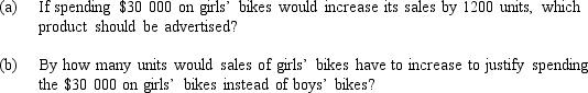 The Moony Company, which makes and sells two products, boys' and girls' bikes, has $30 000 to spend on advertising. The company has estimated that using the $30 000 to advertise boys' bikes would increase sales of that product by 1000 units. Moony is uncertain, however, how many additional girls' bikes could be sold by spending $30 000 on that product. Boys' bikes have a contribution margin of $40 per unit and girls' bikes have a contribution margin of $30 per unit. Required: Prepare an analysis to answer each of the following independent questions.