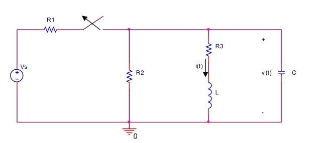 the switch in the circuit shown below has been closed for a long time before it is opened at t = 0 . Find the current i ( t ) through the inductor for t \geq 0 . Assume R _ { 1 } = 1 \mathrm { k } \Omega , R _ { 2 } = 2 \mathrm { k } \Omega , R _ { 3 } = 3 \mathrm { k } \Omega , \mathrm { L } = 250 \mathrm { mH } , \mathrm { C } = 0.025 \mu \mathrm { F } , \mathrm { V } _ { \mathrm { s } } = 2.2 \mathrm {~V} .