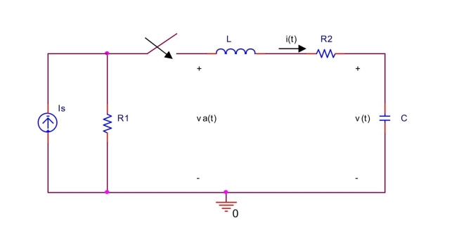 switch in the circuit shown below has been opened for a long time before it is closed at t = 0 . Find the current i ( t ) through the inductor for t \geq 0 . Assume R _ { 1 } = 100 \Omega , R _ { 2 } = 200 \Omega , L = 100 \mathrm { mH } , \mathrm { C } = 0.02 \mu \mathrm { F } , \mathrm { I } _ { \mathrm { s } } = 5 \mathrm {~mA} , \mathrm { i } ( 0 ) = \mathrm { I } _ { 0 } = 1 \mathrm {~mA} , \mathrm { v } ( 0 ) = \mathrm { V } _ { 0 } = 0.5 \mathrm {~V}