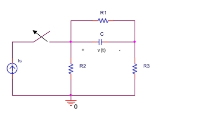 the switch in the circuit shown below has been closed for a long time before it is opened at t = 0 . Find the voltage \mathrm { v } ( \mathrm { t } ) across the capacitor for \mathrm { t } \geq 0 . Assume \mathrm { R } _ { 1 } = 3 \mathrm { k } \Omega , \mathrm { R } _ { 2 } = 5 \mathrm { k } \Omega , \mathrm { R } _ { 3 } = 2 \mathrm { k } \Omega , \mathrm { I } _ { \mathrm { s } } = 4 \mathrm {~mA} , \mathrm { C } = 0.3 \mu \mathrm { F } .