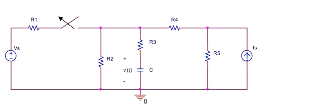 The switch in the circuit shown below has been closed for a long time before it is opened at t = 0 . Find the voltage \mathrm { v } ( \mathrm { t } ) across the capacitor for \mathrm { t } \geq 0 . Assume \mathrm { R } _ { 1 } = 3 \mathrm { k } \Omega , \mathrm { R } _ { 2 } = 6 \mathrm { k } \Omega , \mathrm { R } _ { 3 } = 2 \mathrm { k } \Omega , \mathrm { R } _ { 4 } = 2 \mathrm { k } \Omega , \mathrm { R } _ { 5 } = 4 \mathrm { k } \Omega , \mathrm { I } _ { \mathrm { s } } = 0.6 \mathrm {~mA} , \mathrm {~V} _ { \mathrm { s } } = 6 \mathrm {~V} , \mathrm { C } = 0.08 \mu \mathrm { F } .