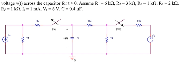 switch 1 in the circuit shown below has been closed for a long time before it is opened at t = 0 and the switch 2 has been opened for a long time before it is closed at t = 0. Find the