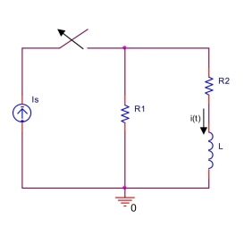 the switch in the circuit shown below has been closed for a long time before it is opened at t = 0 . Find the current i ( t ) through the inductor for t \geq 0 . Assume R _ { 1 } = 3 \mathrm { k } \Omega , R _ { 2 } = 1 \mathrm { k } \Omega , I _ { s } = 2 \mathrm {~mA} , \mathrm { L } = 120 \mathrm { mH } .