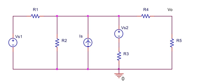 the circuit shown below, let  \mathrm { I } _ { \mathrm { s } } = 3 \mathrm {~mA} , \mathrm {~V} _ { \mathrm { s } 1 } = 2 \mathrm {~V} , \mathrm {~V} _ { \mathrm { s } 2 } = 3 \mathrm {~V} , \mathrm { R } _ { 1 } = 1 \mathrm { k } \Omega , \mathrm { R } _ { 2 } = 3 \mathrm { k } \Omega , \mathrm { R } _ { 3 } = 1 \mathrm { k } \Omega , \mathrm { R } _ { 4 } = 3 \mathrm { k } \Omega , \mathrm { R } _ { 5 } = 4 \mathrm { k } \Omega  Use source transformation to find  V _ { 0 } .   