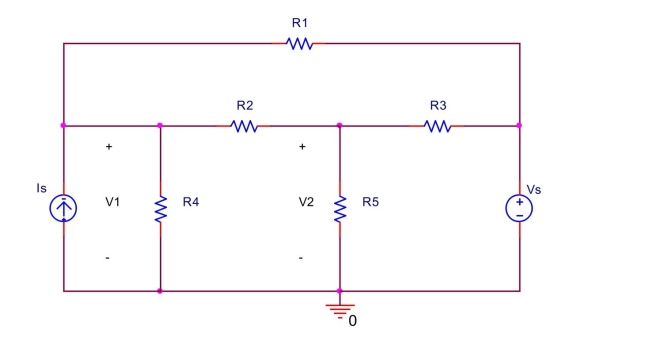  the circuit shown below, let  \mathrm { I } _ { \mathrm { s } } = 2 \mathrm {~mA} , \mathrm {~V} _ { \mathrm { s } } = 6 \mathrm {~V} , \mathrm { R } _ { 1 } = 1.5 \mathrm { k } \Omega , \mathrm { R } _ { 2 } = 2 \mathrm { k } \Omega , \mathrm { R } _ { 3 } = 6 \mathrm { k } \Omega , \mathrm { R } _ { 4 } = 2.5 \mathrm { k } \Omega , \mathrm { R } _ { 5 } = 3 \mathrm { k } \Omega   \text { Use nodal analysis to find } V _ { 1 } \text { and } V _ { 2 } \text {. }    