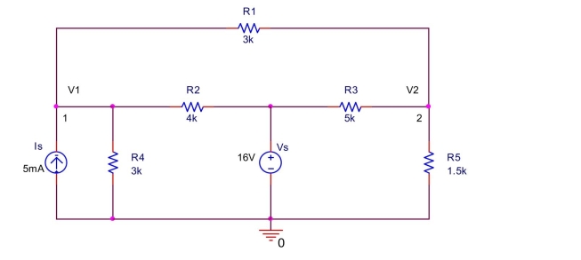 the circuit shown below, \text { (a) Write a node equation at node } 1 \text { by summing the currents away from node } 1 . (b) Write a node equation at node 2 by summing the currents away from node 2 . (c) Solve the equations to find V _ { 1 } and V _ { 2 } . (d) Find the current through \mathrm { R } _ { 1 } (including direction) and power dissipated on \mathrm { R } _ { 1 } .